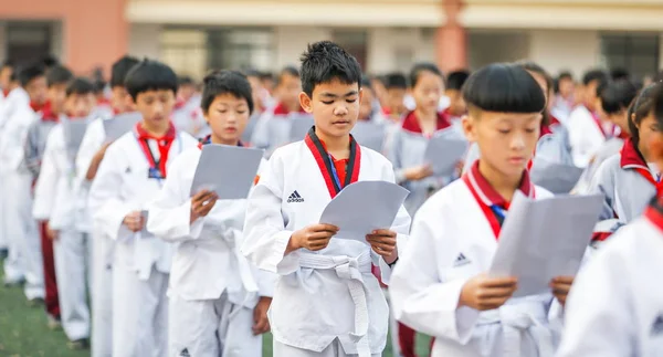 Los Estudiantes Participan Una Actividad Práctica Taekwondo Durante Descanso Escuela —  Fotos de Stock