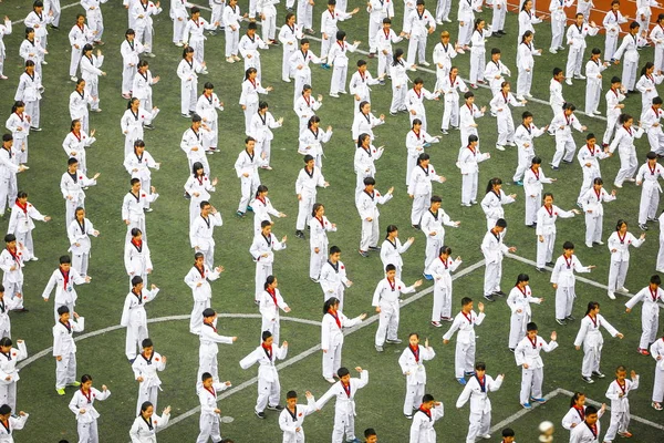 Μαθητές Πάρουν Μέρος Taekwondo Πρακτική Δραστηριότητα Κατά Διάρκεια Διάλειμμα Μια — Φωτογραφία Αρχείου