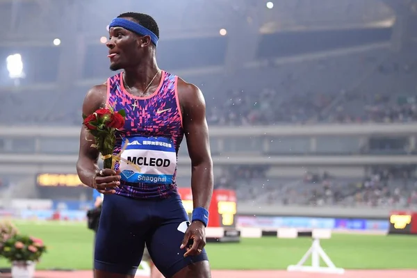 Omar Mcleod Jamaica Comemora Após Vencer Final Dos 110M Barreiras — Fotografia de Stock