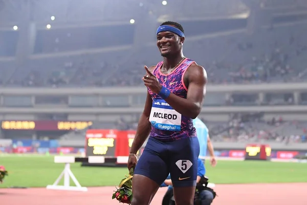 Omar Mcleod Jamaica Comemora Após Vencer Final Dos 110M Barreiras — Fotografia de Stock