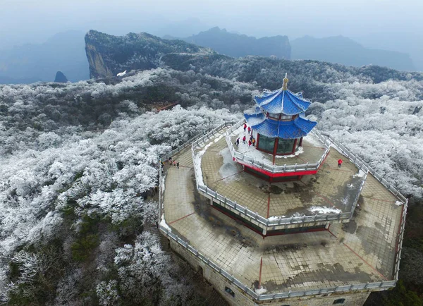 Légi Felvétel Rime Borított Fák Hegyi Tianmen Vagy Tianmenshan Hegy — Stock Fotó