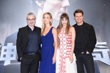 (From left) American film director Alex Kurtzman, English actress Annabelle Wallis, French-Algerian model and actress Sofia Boutella and American actor Tom Cruise attend a press conference to promote movie 