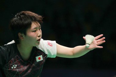 Akane Yamaguchi of Japan serves against Goh Jin Wei of Malaysia in a group match during the 2017 Sudirman Cup BWF World Mixed Team Championships in Gold Coast, Queensland, Australia, 24 May 2017 clipart