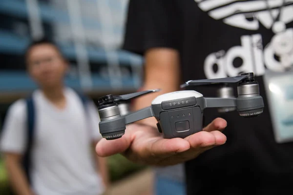 Chinese Man Shows Dji New Spark Drone Uav Unmanned Aerial — Stock Photo, Image