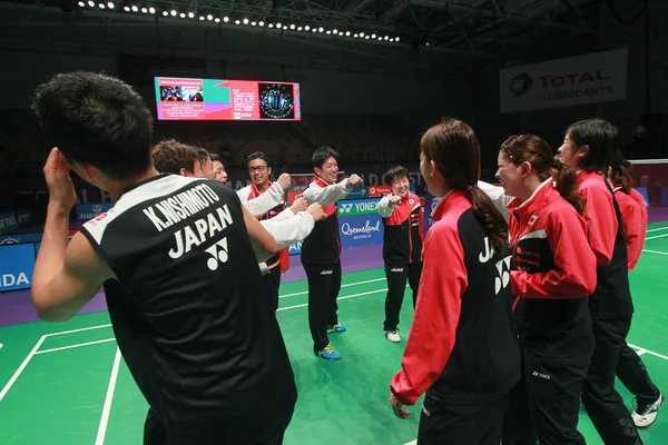 Игроки Японии Взаимодействуют Перед Соревнованиями Против Малайзии Групповом Матче Кубка — стоковое фото