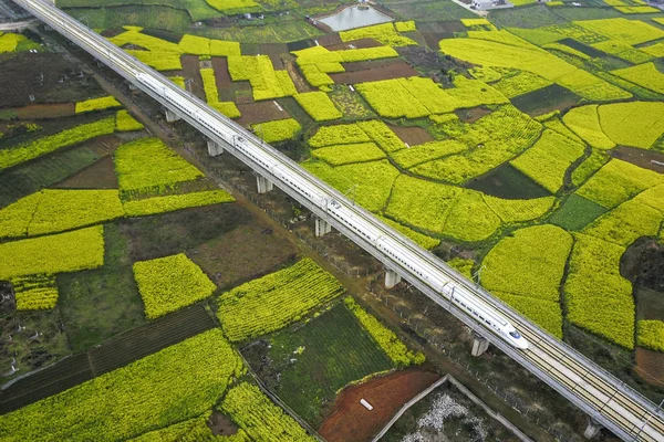Pociąg Bullet Crh China Railway High Speed Biegnie Przez Pola — Zdjęcie stockowe
