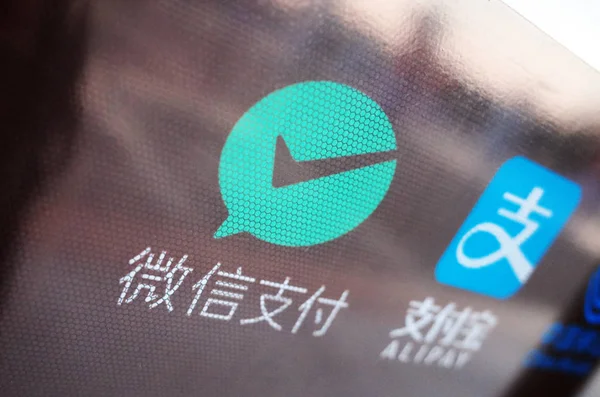 View Signboard Showing Logos Alipay Alibaba Group Right Wechat Payment — стоковое фото