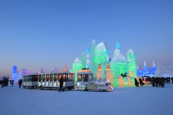 Visitors View Ice Sculptures Display 20Th China Harbin Ice Snow — Stock Photo, Image