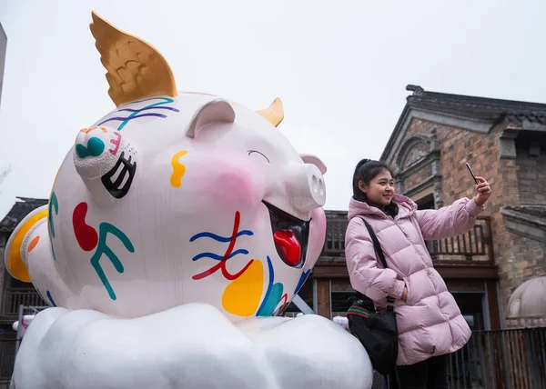 2019年1月6日 在中国东部江苏省南京市中华门东中门历史文化街区 一名年轻的中国妇女带着猪形雕塑自拍自拍 — 图库照片