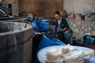 A Chinese woman soaks cloths tied up for dyeing in the buckets until they assume the correct indigo shade in Dali city, southwest China's Yunnan province, 24 March 2017 clipart