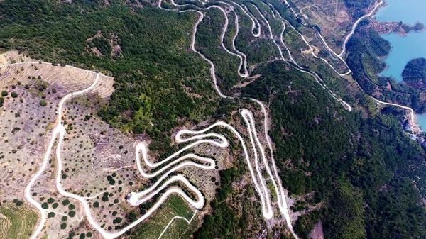 Vue Aérienne Une Route Montagne Zigzag Menant Une Plantation Thé — Photo