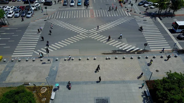 stock image Aerial view of the X zebra crossing at the center of Fuda Road in Shenyang city, northeast China's Liaoning province, 8 May 2017