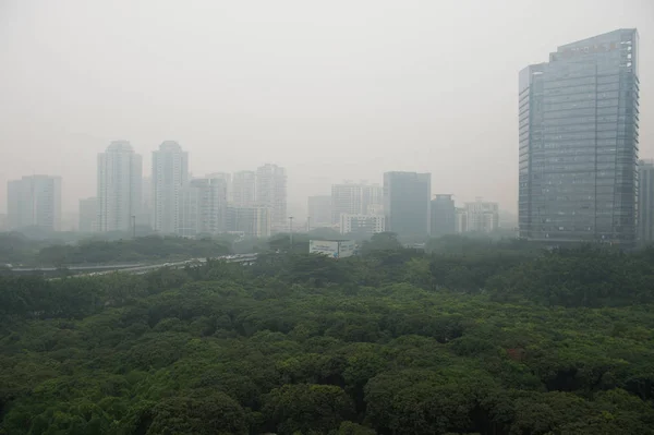 Bâtiments Grande Hauteur Gratte Ciel Sont Vaguement Vus Dans Smog — Photo