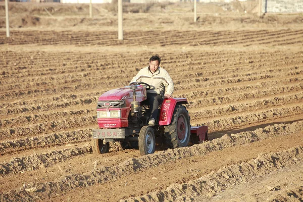Chinese Farmer Drives Tractor Plough Field Anyang City Central China — Stock Photo, Image