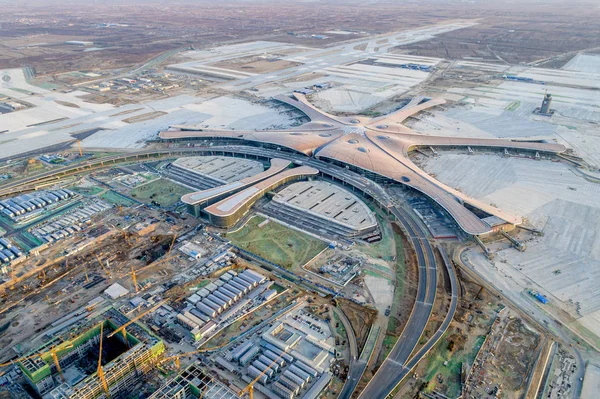 Een Luchtfoto Van Beijing Daxing International Airport Aanbouw Beijing China — Stockfoto