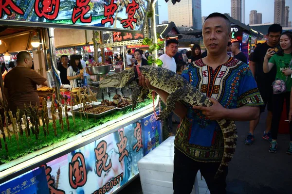 Roadside Barbeque Vendor Shows Live Crocodile Street Shenyang City Northeast — Stock Photo, Image