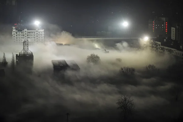 Kraftig Rök Stiger Efter Byggnader Exploderade Rivning Zonen Binjiang International — Stockfoto