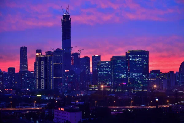 Skyline High Rise Buildings Skyscrapers Glowing Sunset Rain Beijing China — Stock Photo, Image