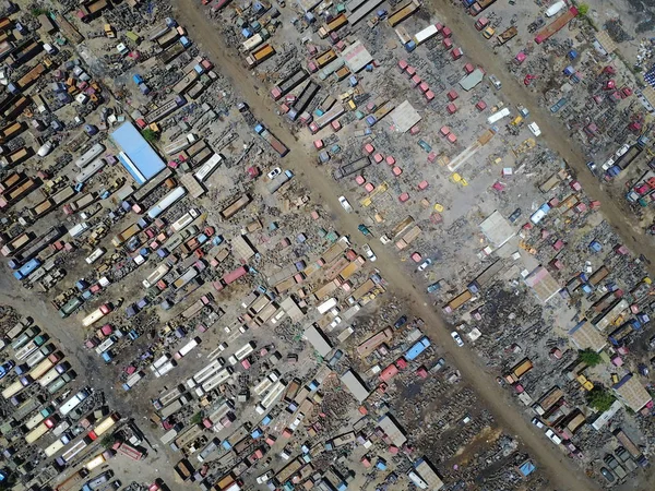 Vista Aérea Ferro Velho Empilhado Com Veículos Descartados Cidade Lingwu — Fotografia de Stock