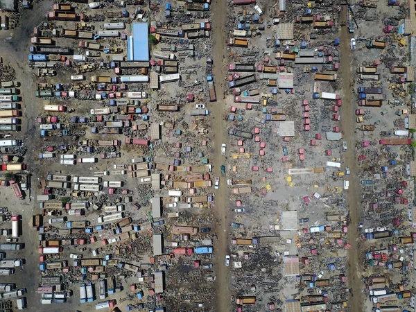 Vista Aérea Ferro Velho Empilhado Com Veículos Descartados Cidade Lingwu — Fotografia de Stock
