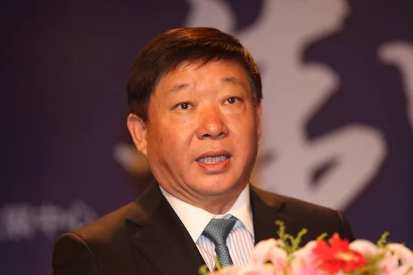 上海市副市长艾宝军在2013年3月30日于中国上海举行的 3年中国国际城市化论坛上发表演讲 — 图库照片