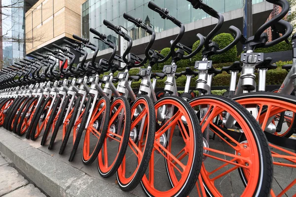 Bicycles Chinese Bike Sharing Service Mobike Lined Street Nanning City — Stock Photo, Image