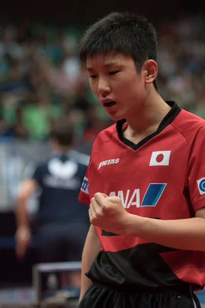 Harimoto Tomokazu Japonii Reaguje Strzeleniu Przeciwko Timo Boll Niemiec Ich — Zdjęcie stockowe