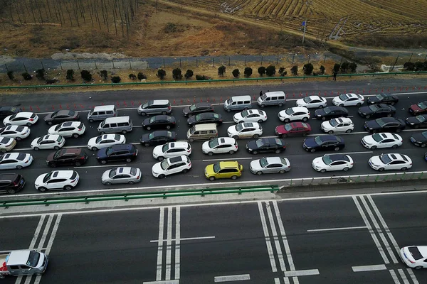 Aerial View Masses Vehicles Queue Pass Toll Station Expressway Get — Stock Photo, Image