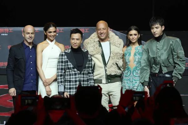(From left) American director D.J. Caruso, Indian actress Deepika Padukone, Hong Kong actor Donnie Yen, American actor Mark Sinclair, better known by his stage name Vin Diesel, Bulgarian-Canadian actress Nina Dobrev and Chinese actor Kris Wu Yifan at — Stock Image Left American Director Caruso Indian Actress Deepika Padukone Hong Kong Royalty Free Stock Photos