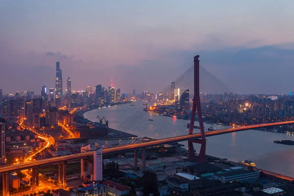 Noční Pohled Most Yangpu Nad Řekou Huangpu Šanghaji Čína Srpna — Stock fotografie