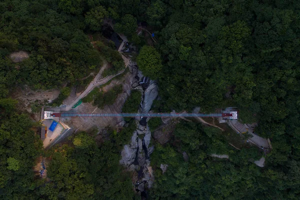 Vue Aérienne Pont Suspendu Verre Traversant Les Montagnes Mulan Tianchi — Photo