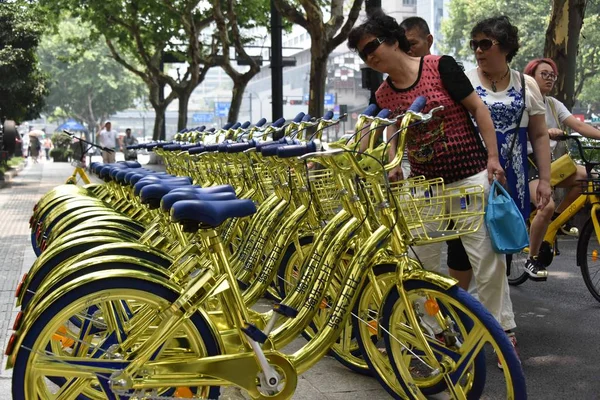 Χρυσή Ποδήλατα Των Κινεζικών Ποδηλάτων Μοιραμένος Υπηρεσία Coolqi Παρατάσσονται Ένα — Φωτογραφία Αρχείου