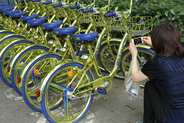 Arany Kerékpárok Kínai Kerékpár Megosztási Szolgáltatás Coolqi Sorakoznak Fel Road — Stock Fotó