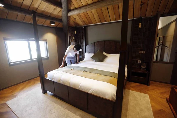 Vista Dormitorio Una Casa Campo Primer Proyecto Bed Breakfast Con — Foto de Stock