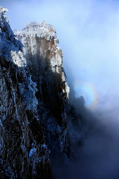 Paisaje Pinos Cubiertos Nieve Contra Arco Iris Circular Montaña Huangshan — Foto de Stock