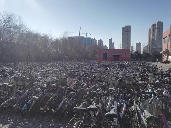 Σπασμένα Και Χαλασμένα Ποδήλατα Είναι Σταθμευμένα Μια Πλατεία Στην Πανεπιστημιούπολη — Φωτογραφία Αρχείου