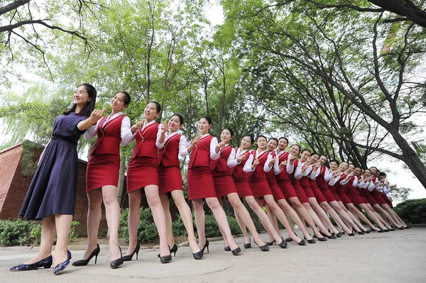 Graduadas Sexo Feminino Comissários Bordo Major Vestida Com Uniformes Aeromoça — Fotografia de Stock