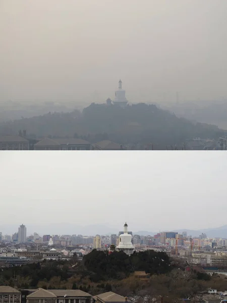 この合成写真は 2017年2月15日に重いスモッグで 2017年2月16日に曇りの日に 中国の北京の北海公園の白い塔を示しています — ストック写真