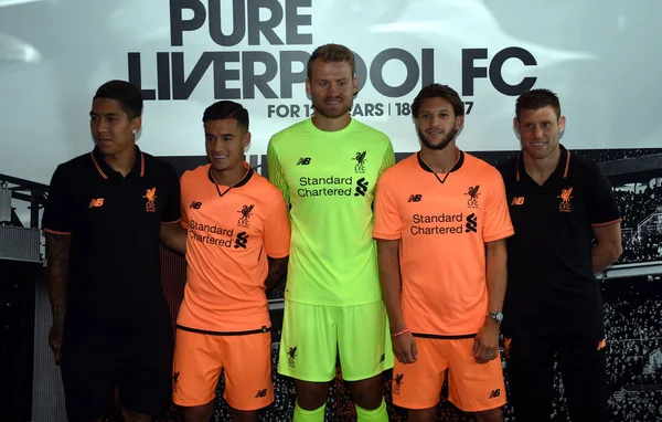 Sinistra Calciatore Roberto Firmino Philippe Coutinho Simon Mignolet Adam Lallana — Foto Stock