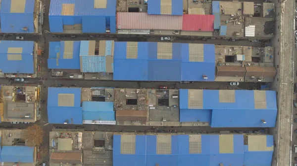 Vista Aérea Uma Aldeia Urbana Desaparecida Assemelhando Pixels Azuis Cidade — Fotografia de Stock