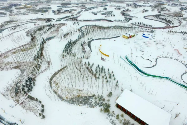 Vue Aérienne Jardin Huabo Dans Neige Yinchuan Dans Région Autonome — Photo