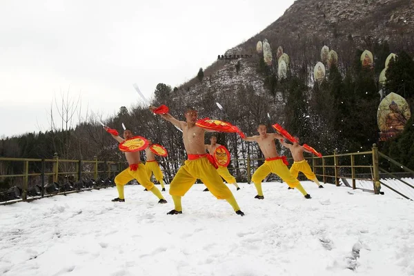 2017年2月22日 在中国中部河南省登封市少林寺 僧人在雪中练习功夫和武术 — 图库照片