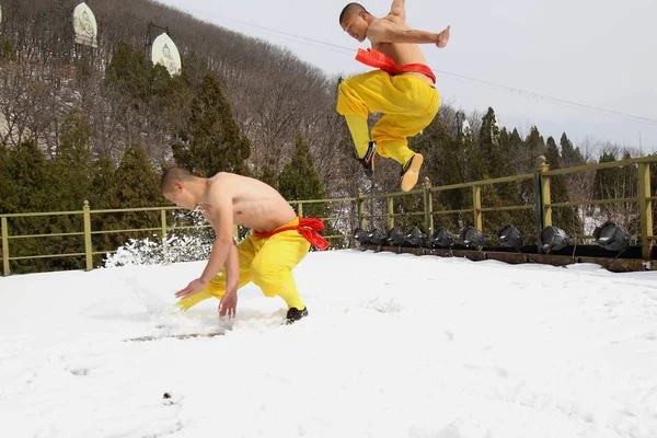 2017年2月22日 在中国中部河南省登封市少林寺 僧人在雪中练习功夫和武术 — 图库照片
