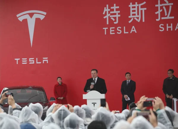 Tesla Ceo Elon Musk Center Speaks Groundbreaking Ceremony Electric Automaker — Stock Photo, Image