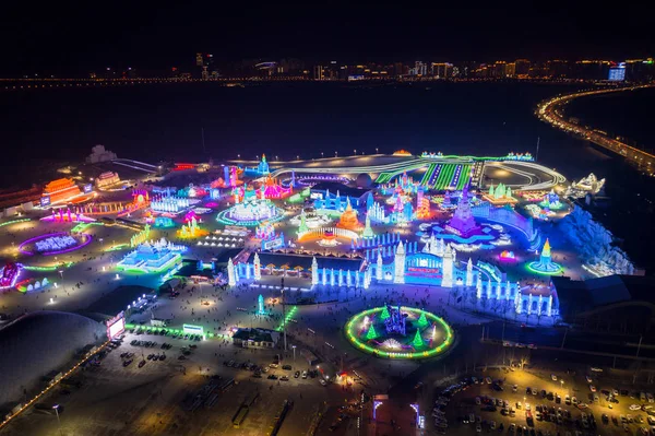 Aerial View Illuminated Ice Sculptures Display 20Th China Harbin Ice — Stock Photo, Image