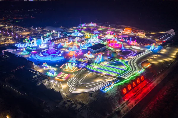 Aerial View Illuminated Ice Sculptures Display 20Th China Harbin Ice — Stock Photo, Image