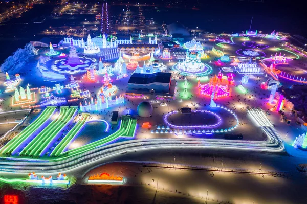 stock image An aerial view of illuminated ice sculptures on display during 20th China Harbin Ice and Snow World 2019 in Harbin city, northeast China's Heilongjiang province, 8 January 2019