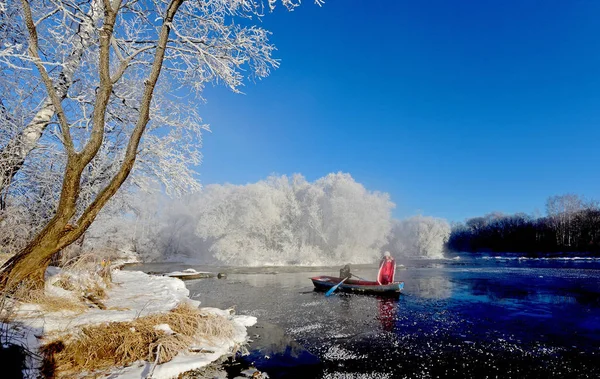 Landschap Van Rime Sneeuwlandschap Buurt Van Kurbin Rivier Xunke County — Stockfoto