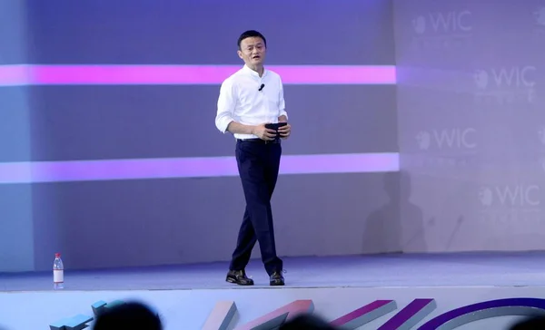 stock image Jack Ma or Ma Yun, chairman of Chinese e-commerce giant Alibaba Group, speaks at the main forum during the first World Intelligence Congress, also known as WIC2017, in Tianjin, China, 29 June 2017