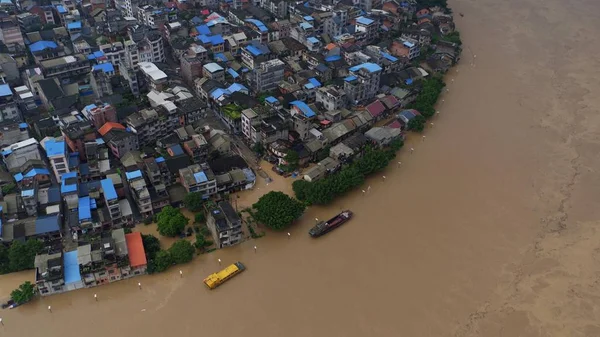 Vista Aérea Rio Rongjiang Inundado Causada Por Forte Chuva Condado — Fotografia de Stock